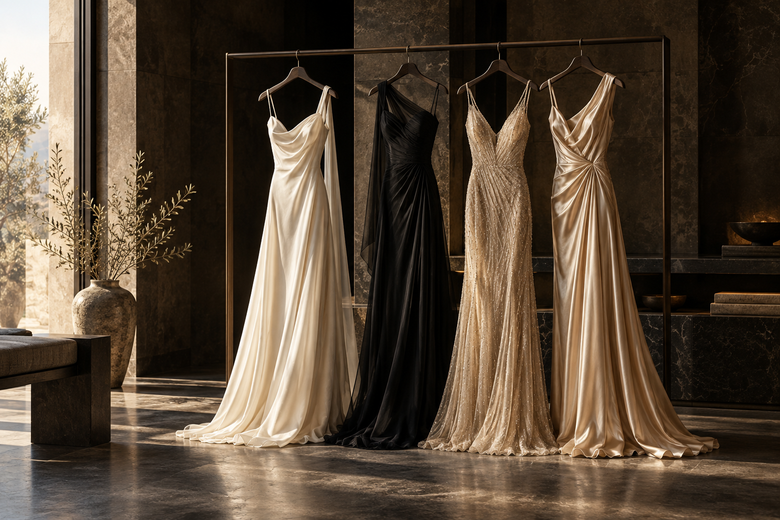 An editorial wardrobe of ivory, black and champagne evening gowns